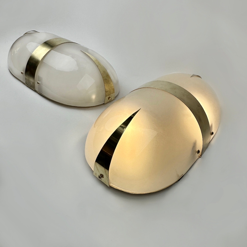 Late 20th Century Pair of Brass & Curved White Murano Glass Wall Lights