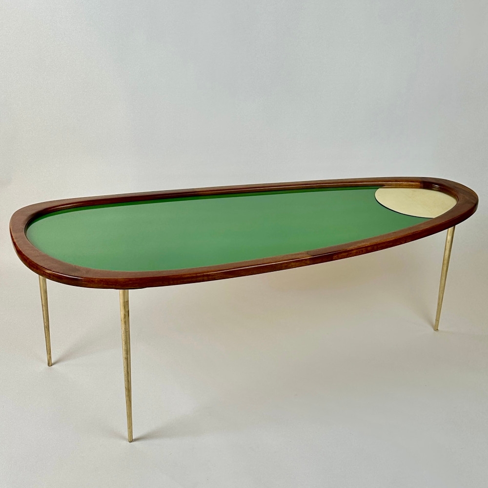 Late 20th Century Wood, Brass & Green Opaline Glass Amorphous Shape Coffee Table