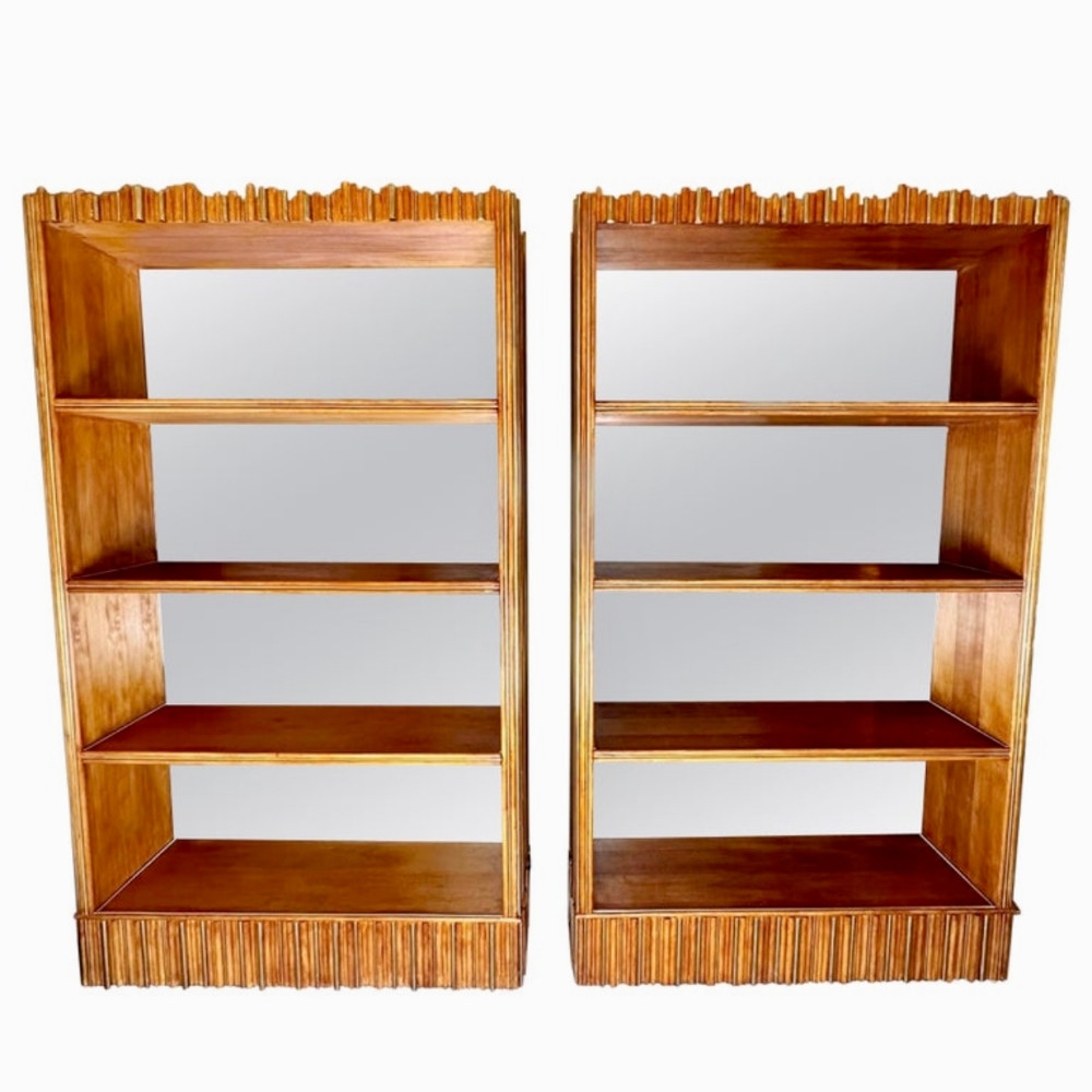 Late 20th Century Pair of Wood & Brass Breadsticks Bookcases w/Bronzed Mirrors
