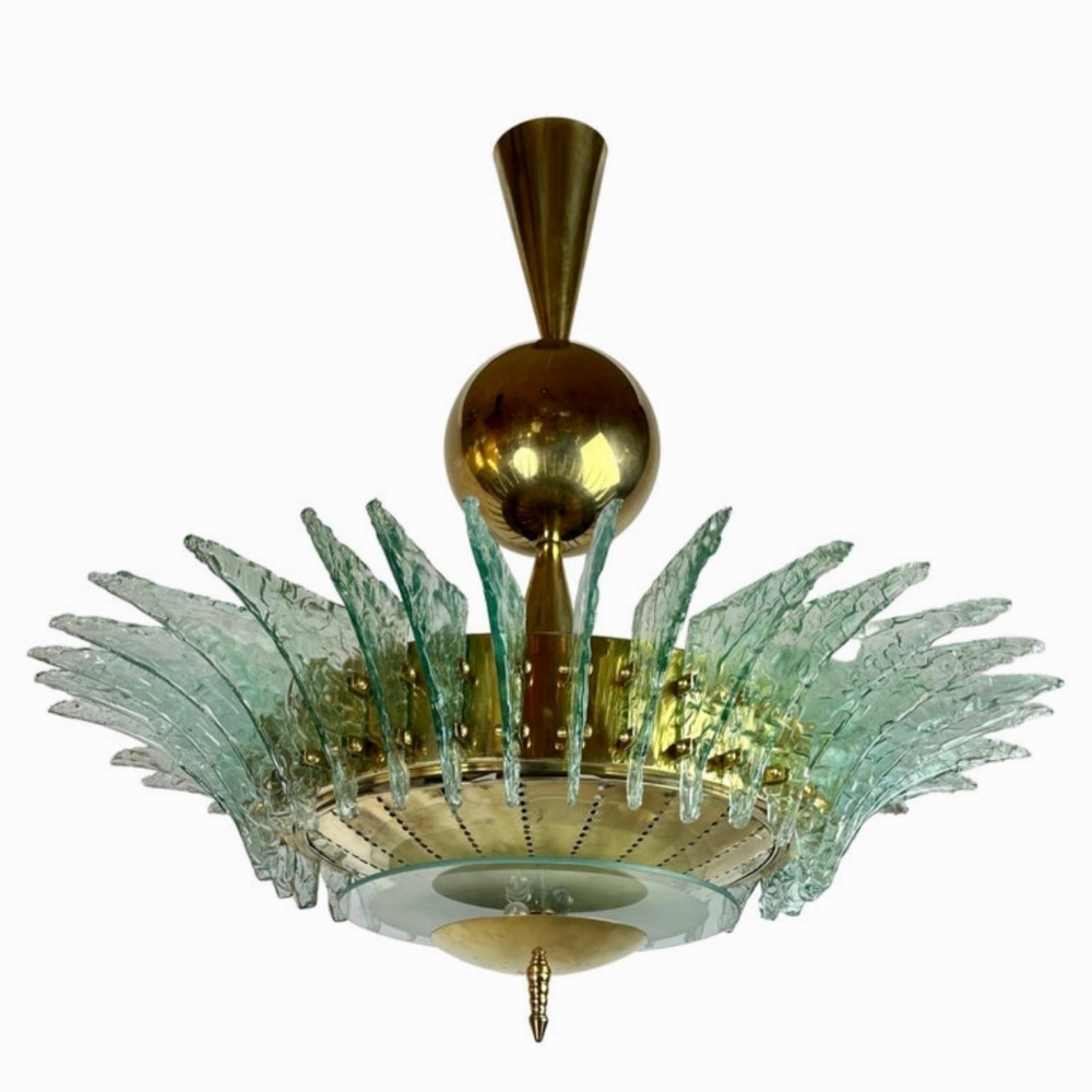Late 20th Century Round Brass Chandelier w/ Light Green Textured Murano Glasses