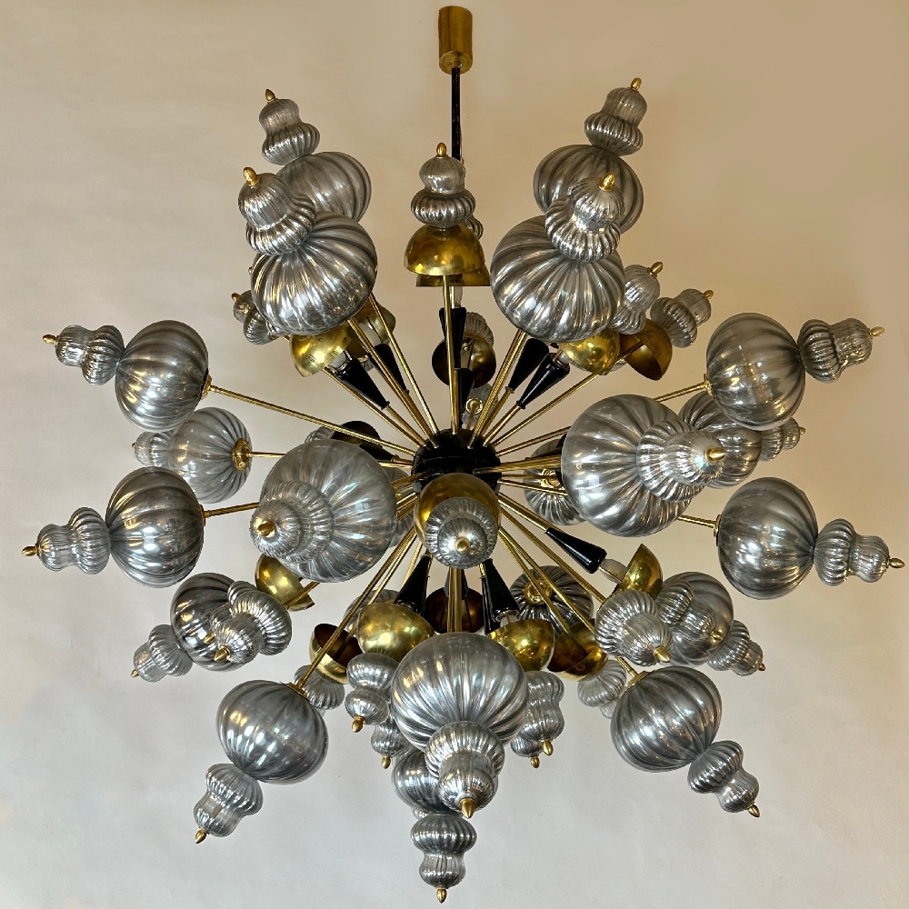 Late 20th Century Silver Blown Murano Glass Elements & Brass Sputnik Chandelier