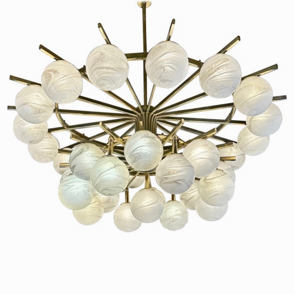 Late 20th Century Brass Double Tier Chandelier with Marbled Murano Glass Boules
