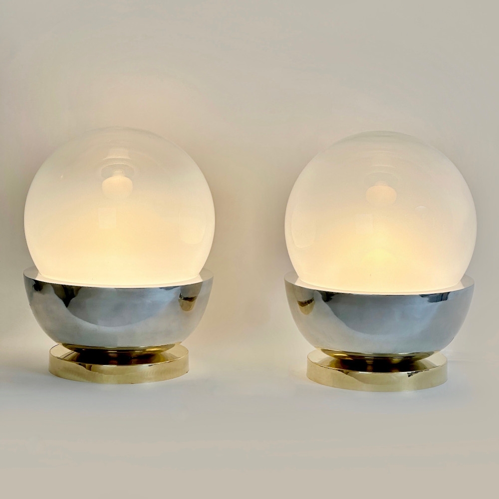 Late 20th Century Pair of Brass, Steel & Faded Blown Murano Glass Table Lamps