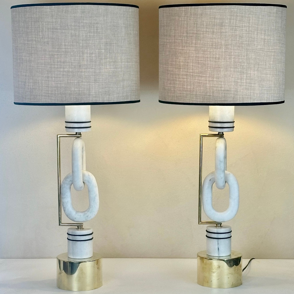 Late 20th Century Pair of Italian Brass & White Carrara Marble Table Lamps