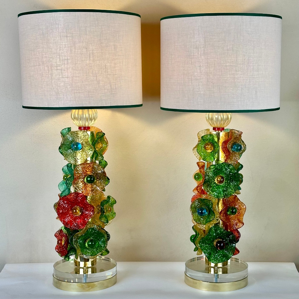 Late 20th Century Pair of Brass w/ Multicolored Murano Glass Flowers Table Lamps