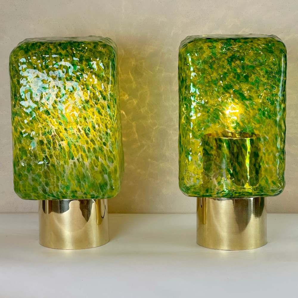 Late 20th Century Pair of Sculptural Green Murano Art Glass & Brass Table Lamps