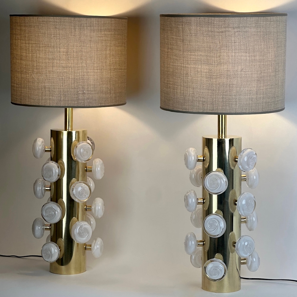 Late 20th Century Pair of White Murano Art Glass & Brass Table Lamps w/ Shades