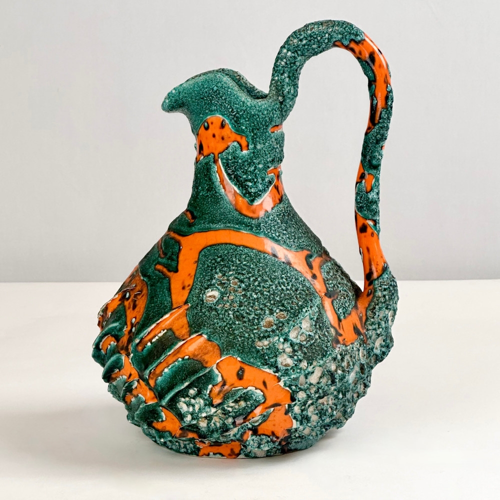 Mid-Century Modern Dark Green & Bright Orange Ceramic Jug from Vallauris 1960's