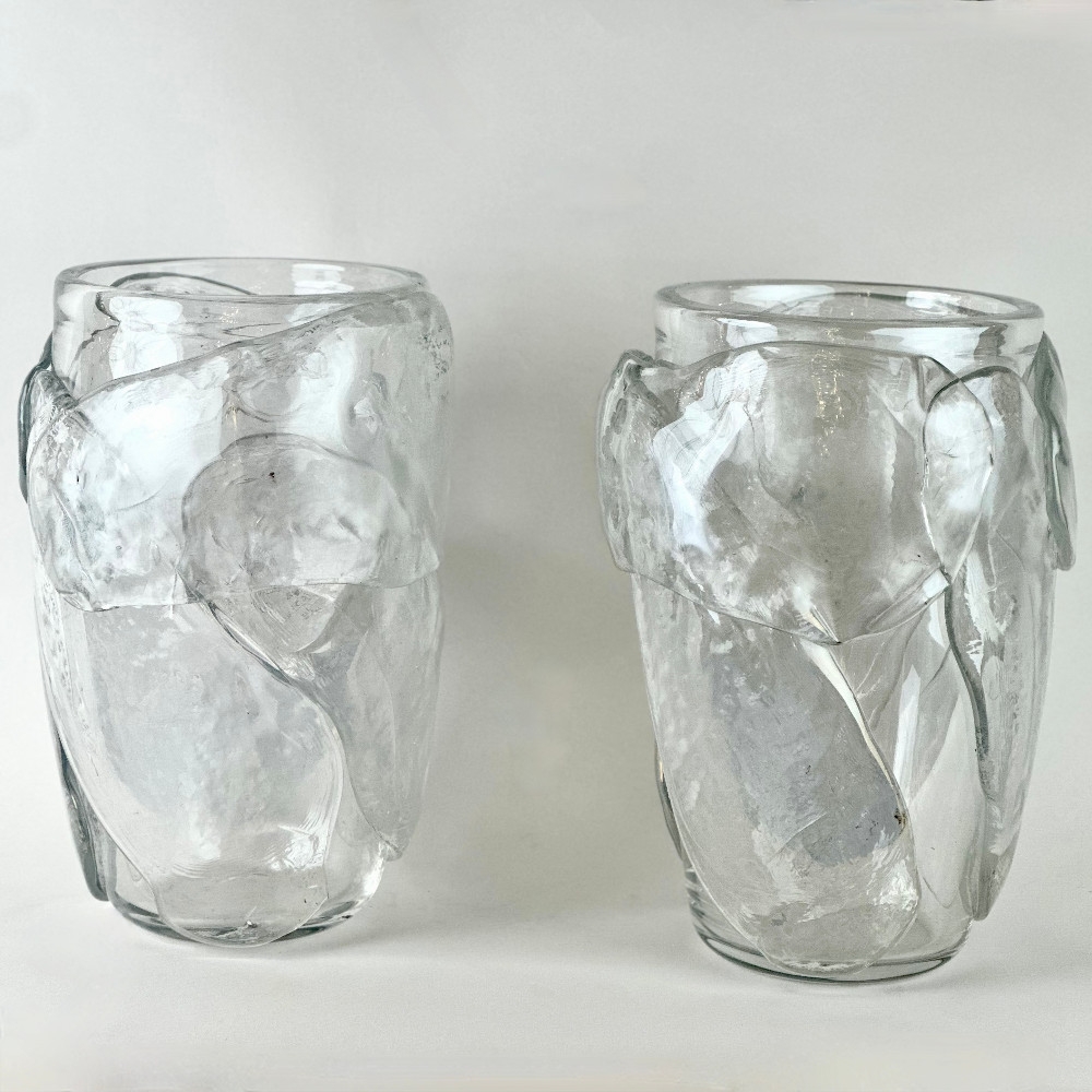 Late 20th Century Pair of Transparent Murano Art Glass with Applications Vases