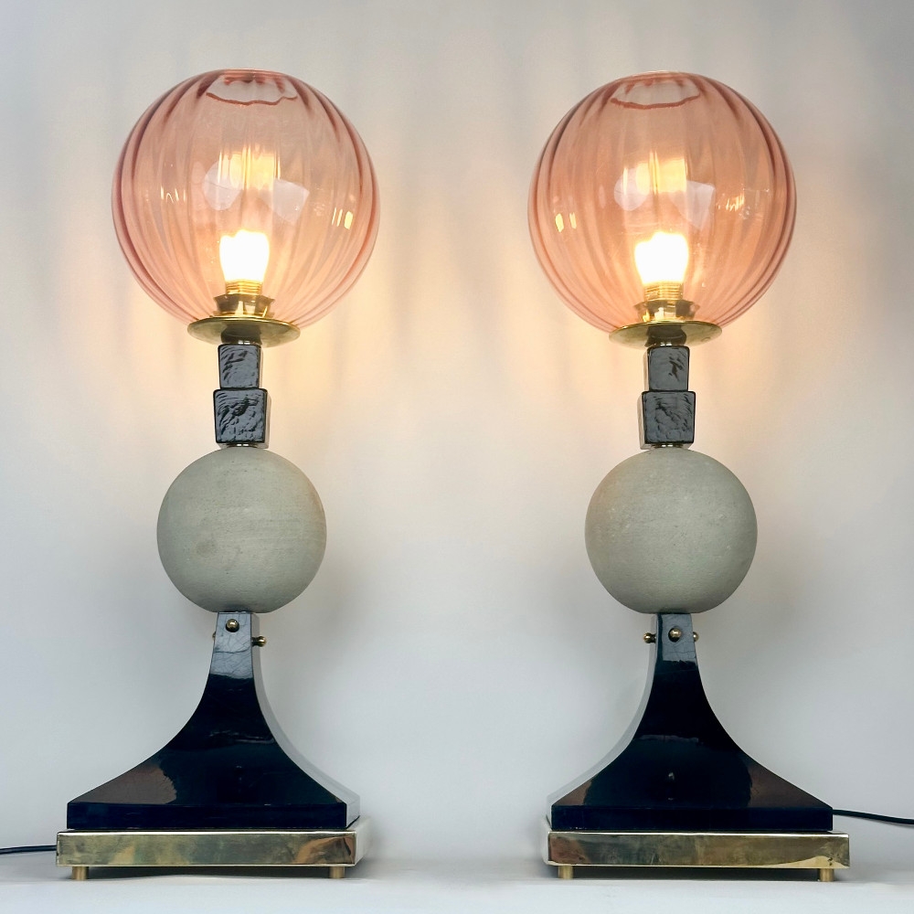 Pair of Brass, Wood, Pumice Stone w/ Pink Murano Art Glass Diffusers Table Lamps