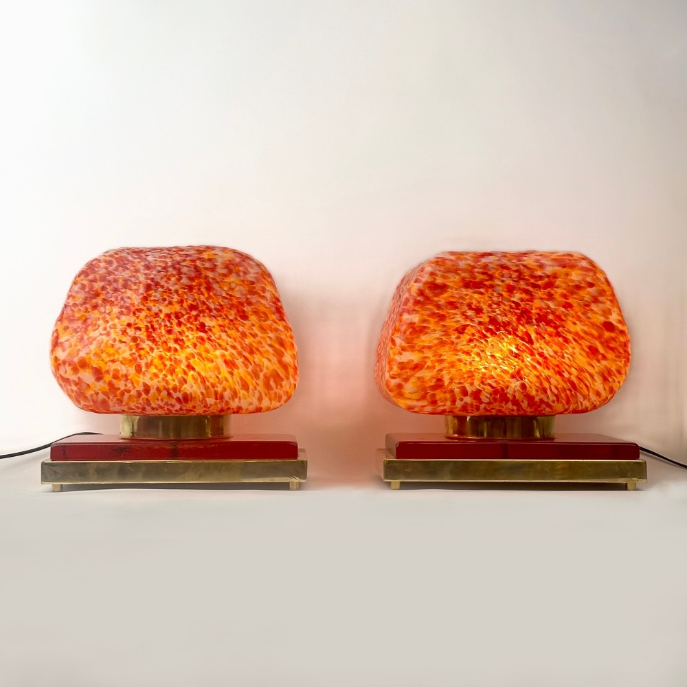 Late 20th Century Pair of Sculptural Red Murano Art Glass & Brass Table Lamps