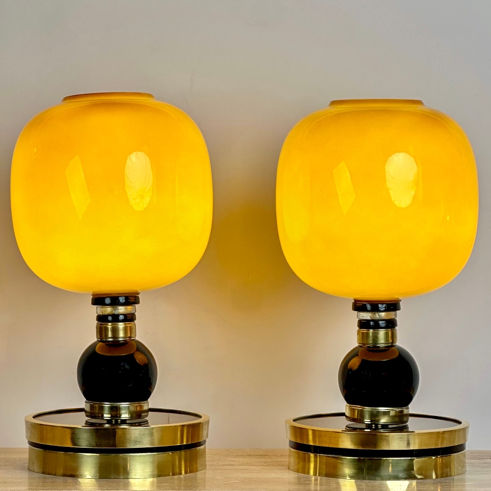 Late20th Century Pair of Brass, Black Opaline & Caramel Murano Glass Table Lamps