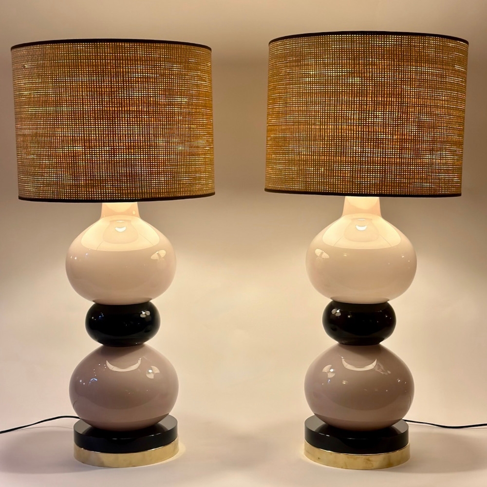 Late 20th Century Pair of Brass w/ Black & Lilac Murano Blown Glass Table Lamps