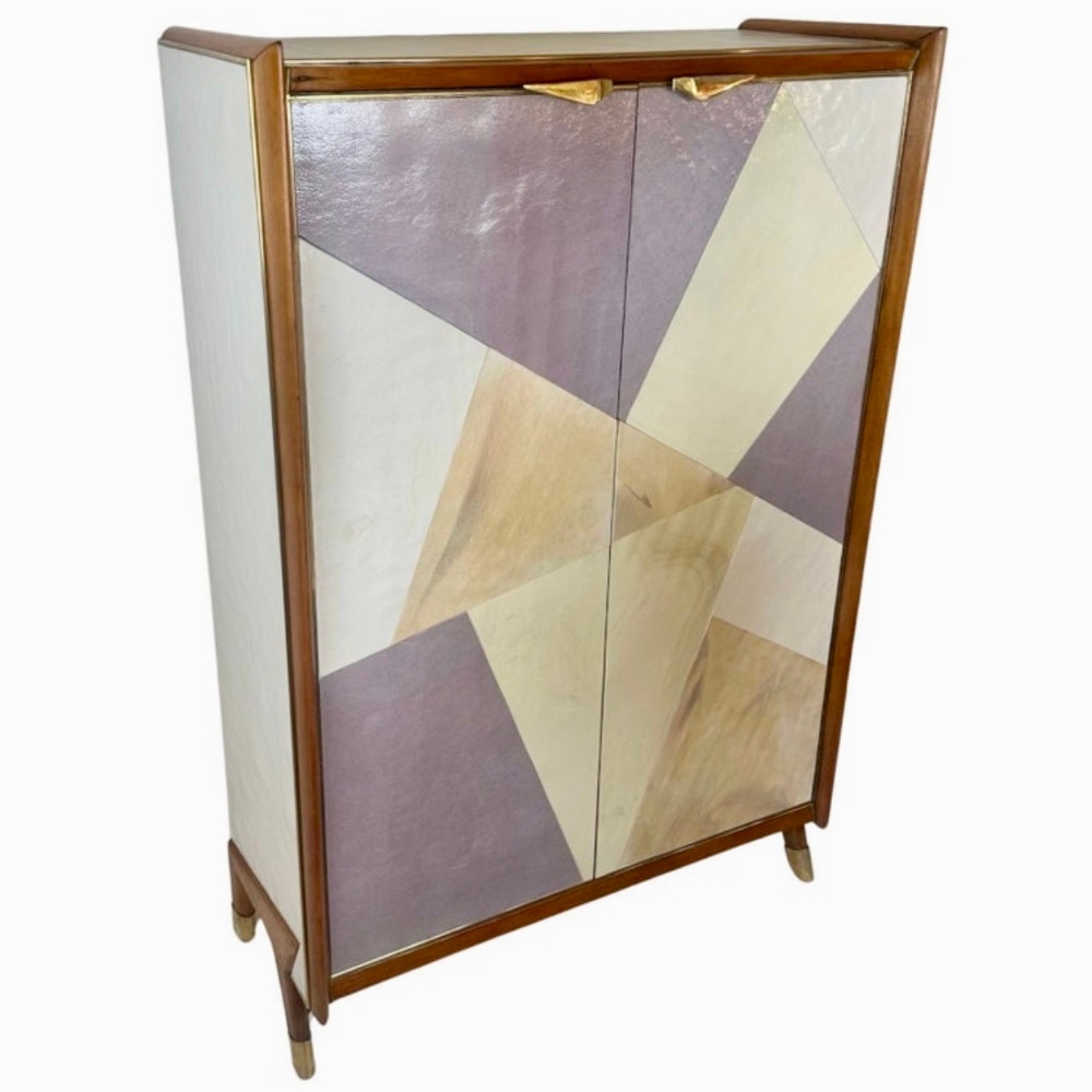 Mid-Century Modern Beech Wood, Brass, Mirror & Murano Art Glass Dry Bar Cabinet