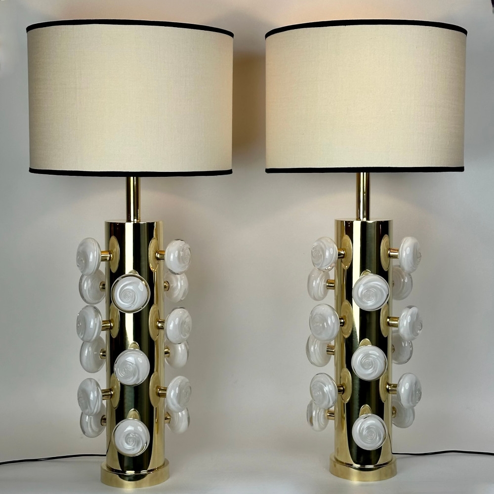 Late 20th Century Pair of Brass & White Murano Art Glass Butttons Table Lamps