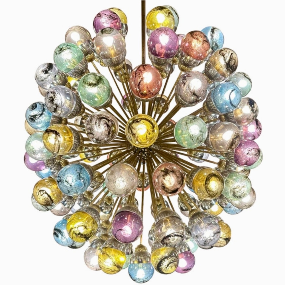 Late 20th Century Nickel & Brass Sputnik Chandelier w/ Murano Art Glass Boules