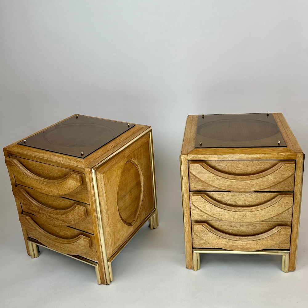 Late 20th Century Pair of Italian Wood, Brass & Light Brown Glass Night Stands