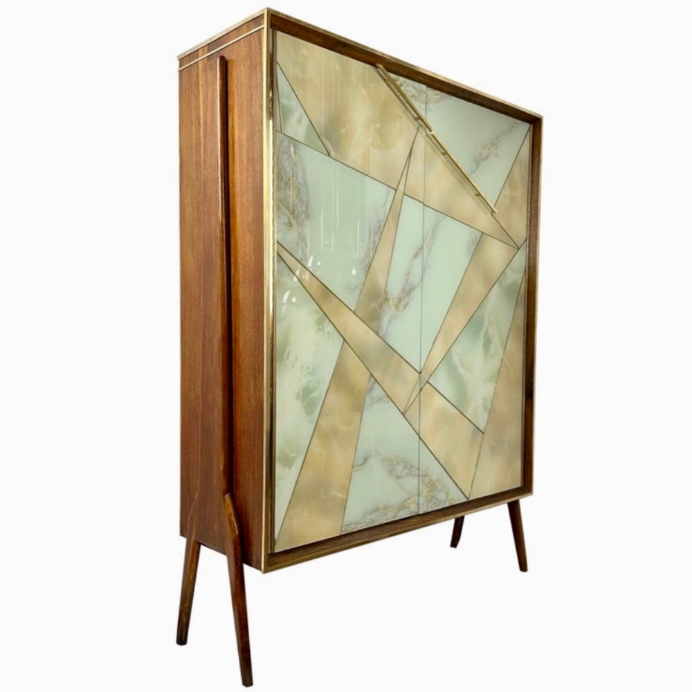 Mid-Century Modern Oak Wood - Brass - Mirror & Murano Art Glass Dry Bar Cabinet