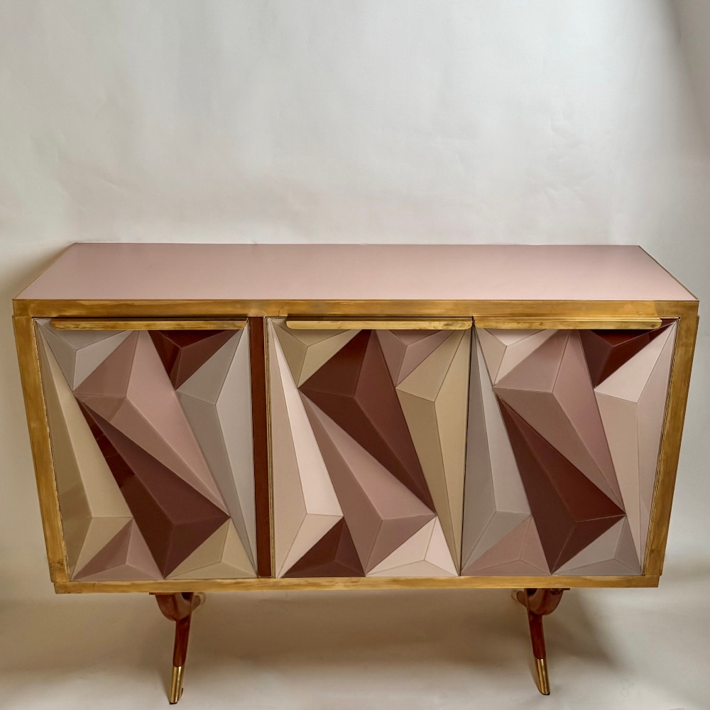 Mid-Century Modern Cherry Wood Brass & Three Dimensional Opaline Glass Cabinet